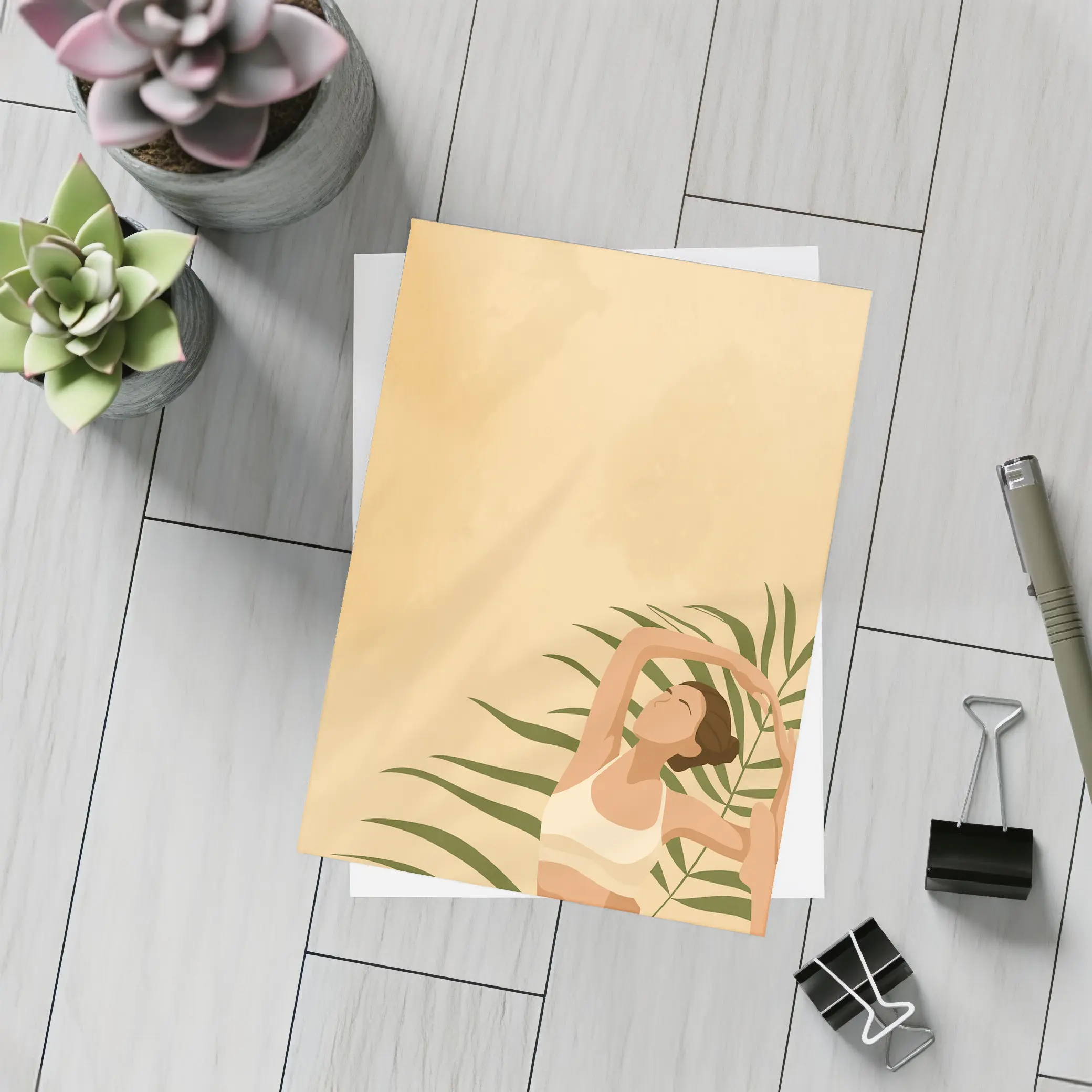 Woman Stretching With Tropical Palm Leaves – Postcards