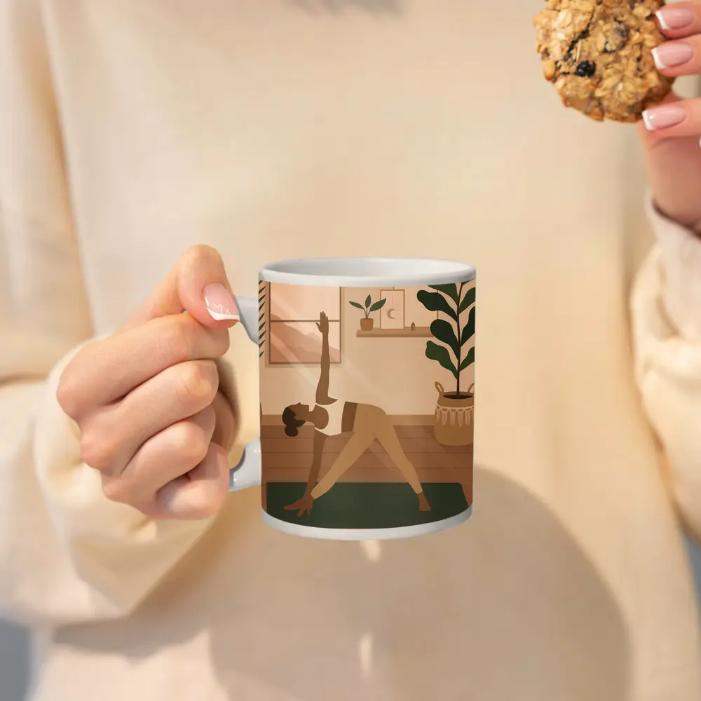 Woman Doing Yoga Pose Cozy Boho Interior – Mugs