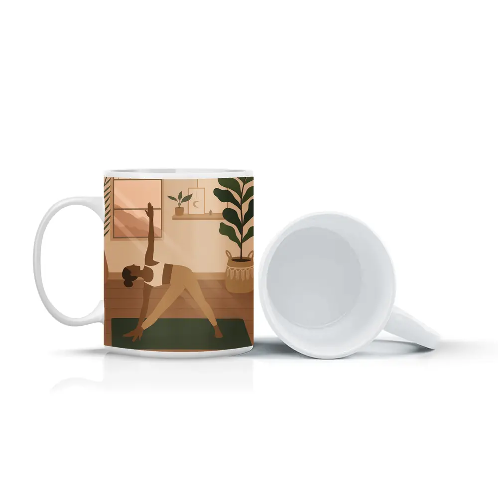 Woman Doing Yoga Pose Cozy Boho Interior – Mugs