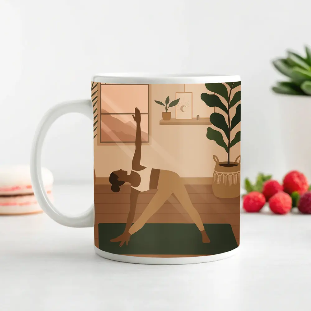 Woman Doing Yoga Pose Cozy Boho Interior – Mugs