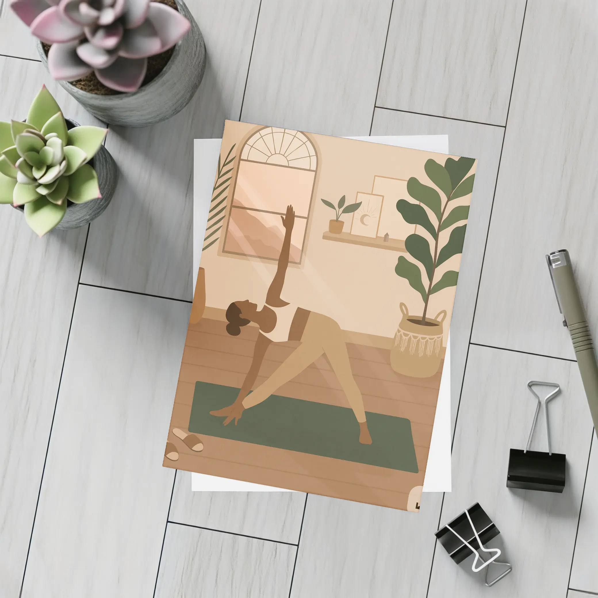 Woman Doing Yoga Pose Cozy Boho Interior – Postcards