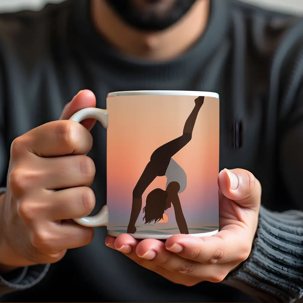 Yoga Pose Silhouette Sunset Beach Art – Mugs