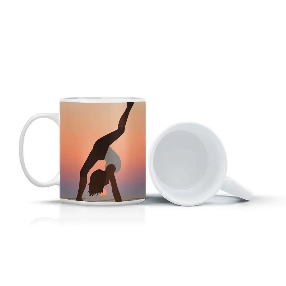 Yoga Pose Silhouette Sunset Beach Art – Mugs