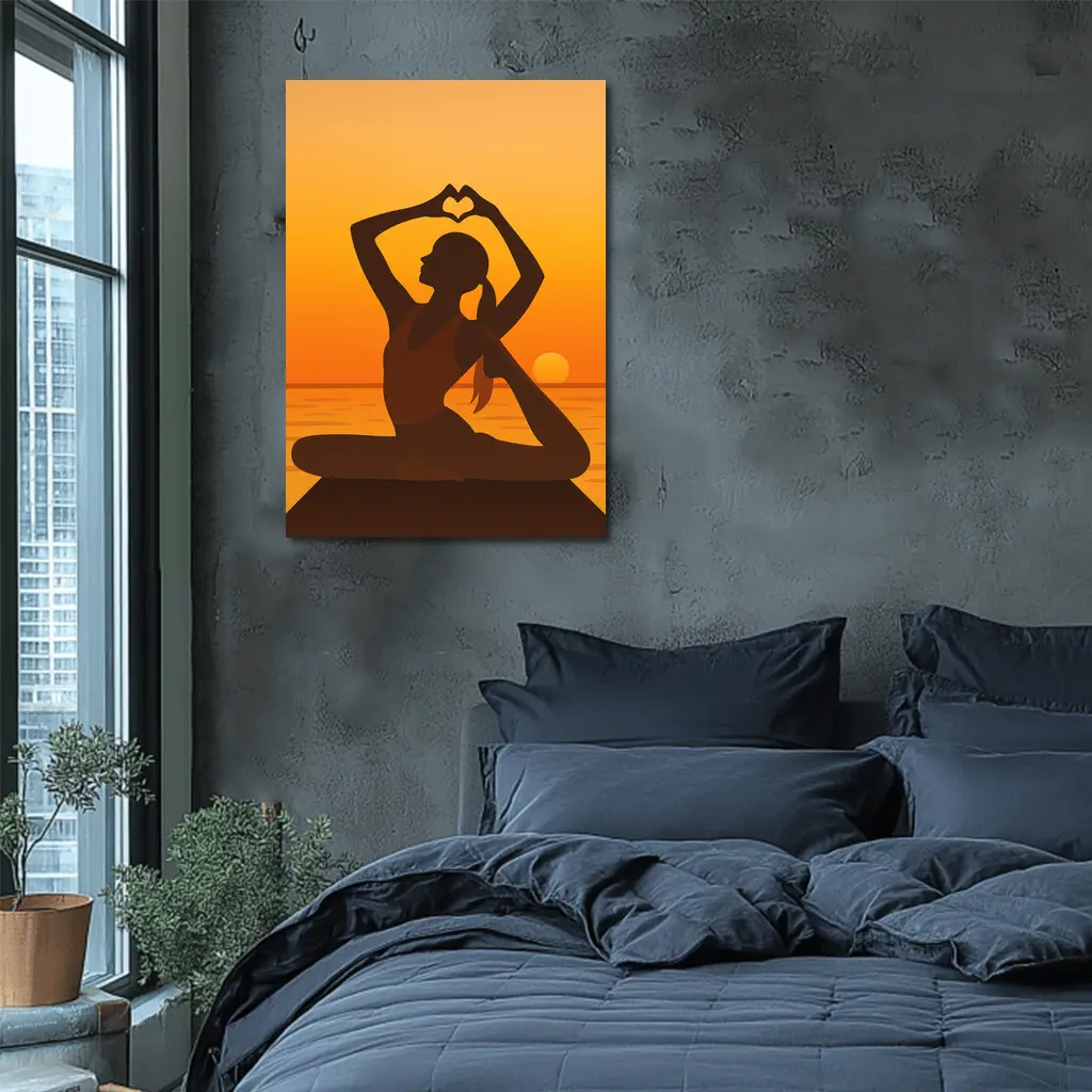 Yoga Silhouette Heart Hands Sunset Ocean – Wall Art