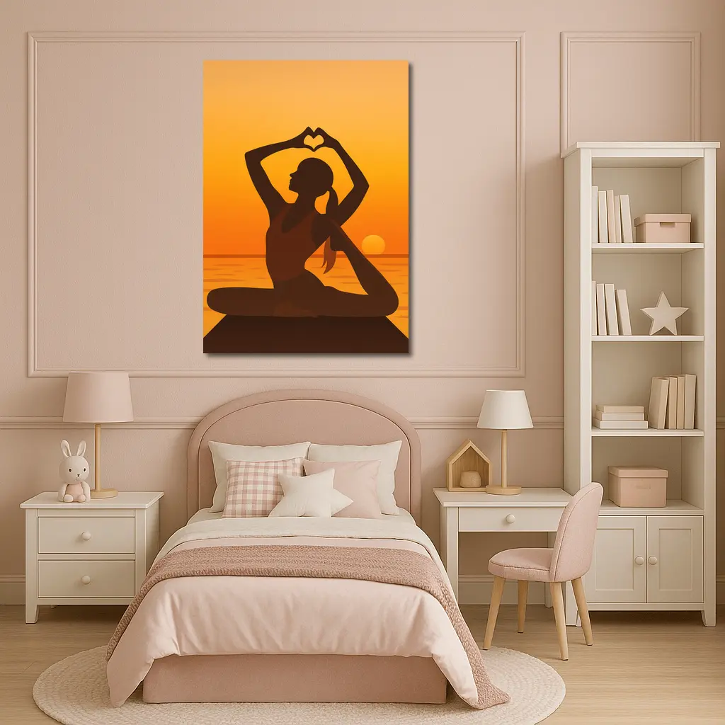 Yoga Silhouette Heart Hands Sunset Ocean – Wall Art