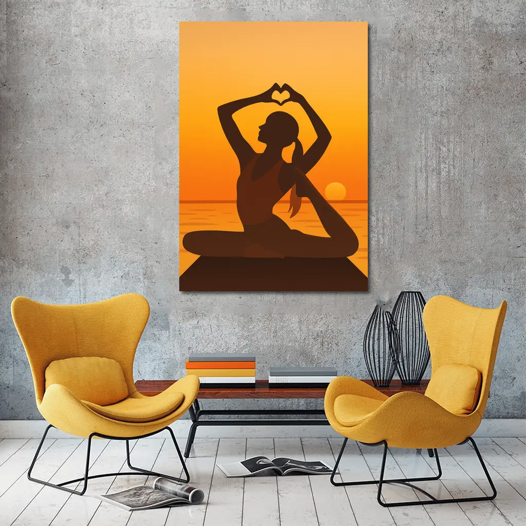 Yoga Silhouette Heart Hands Sunset Ocean – Wall Art