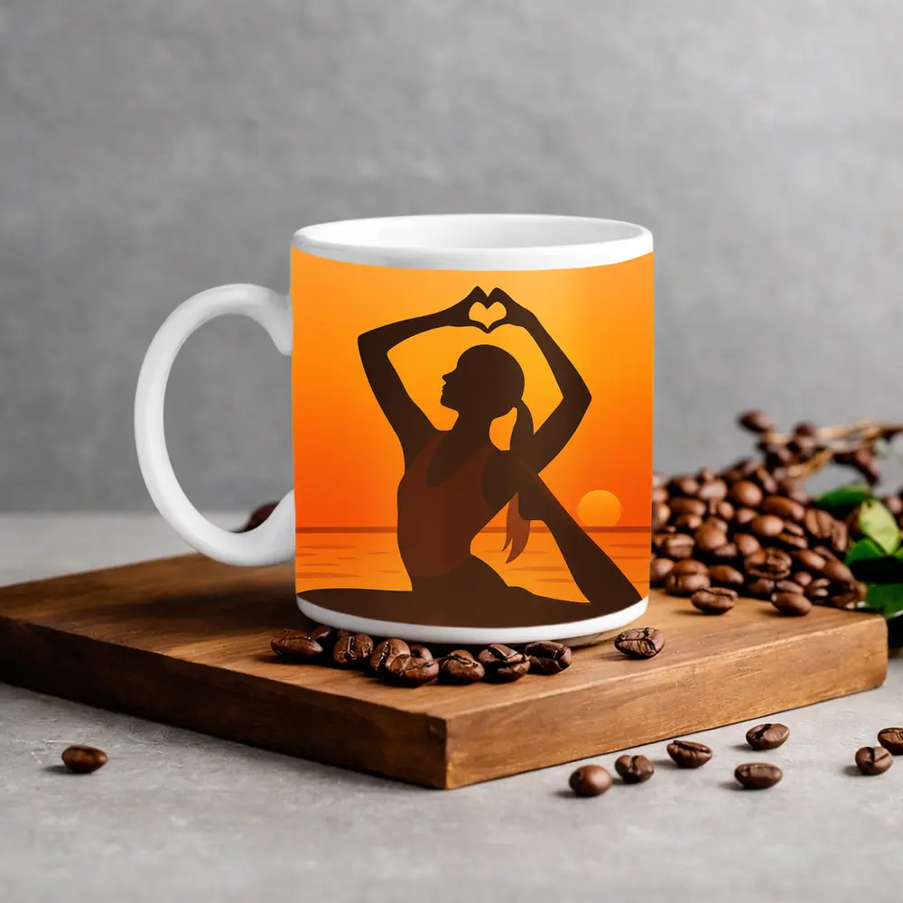 Yoga Silhouette Heart Hands Sunset Ocean – Mugs