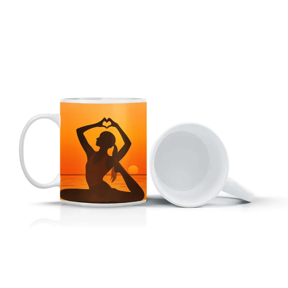 Yoga Silhouette Heart Hands Sunset Ocean – Mugs