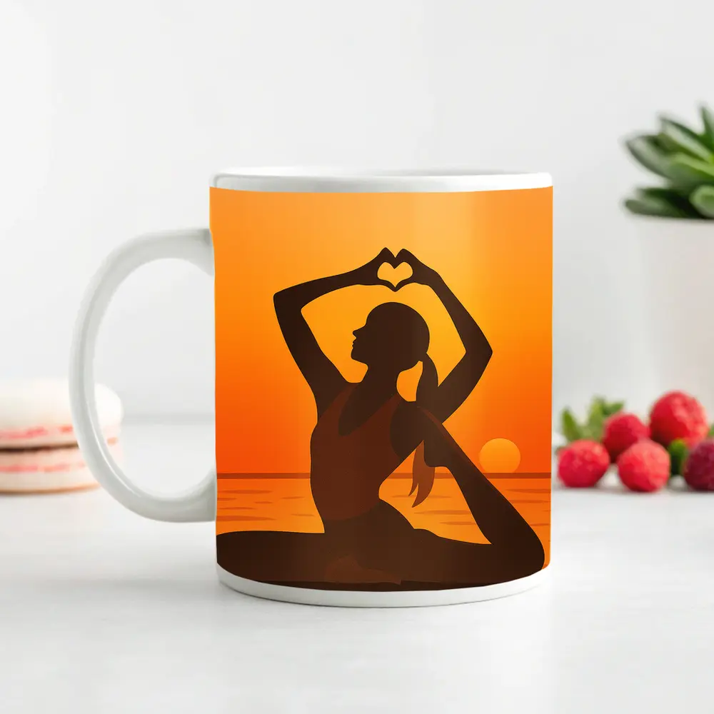 Yoga Silhouette Heart Hands Sunset Ocean – Mugs