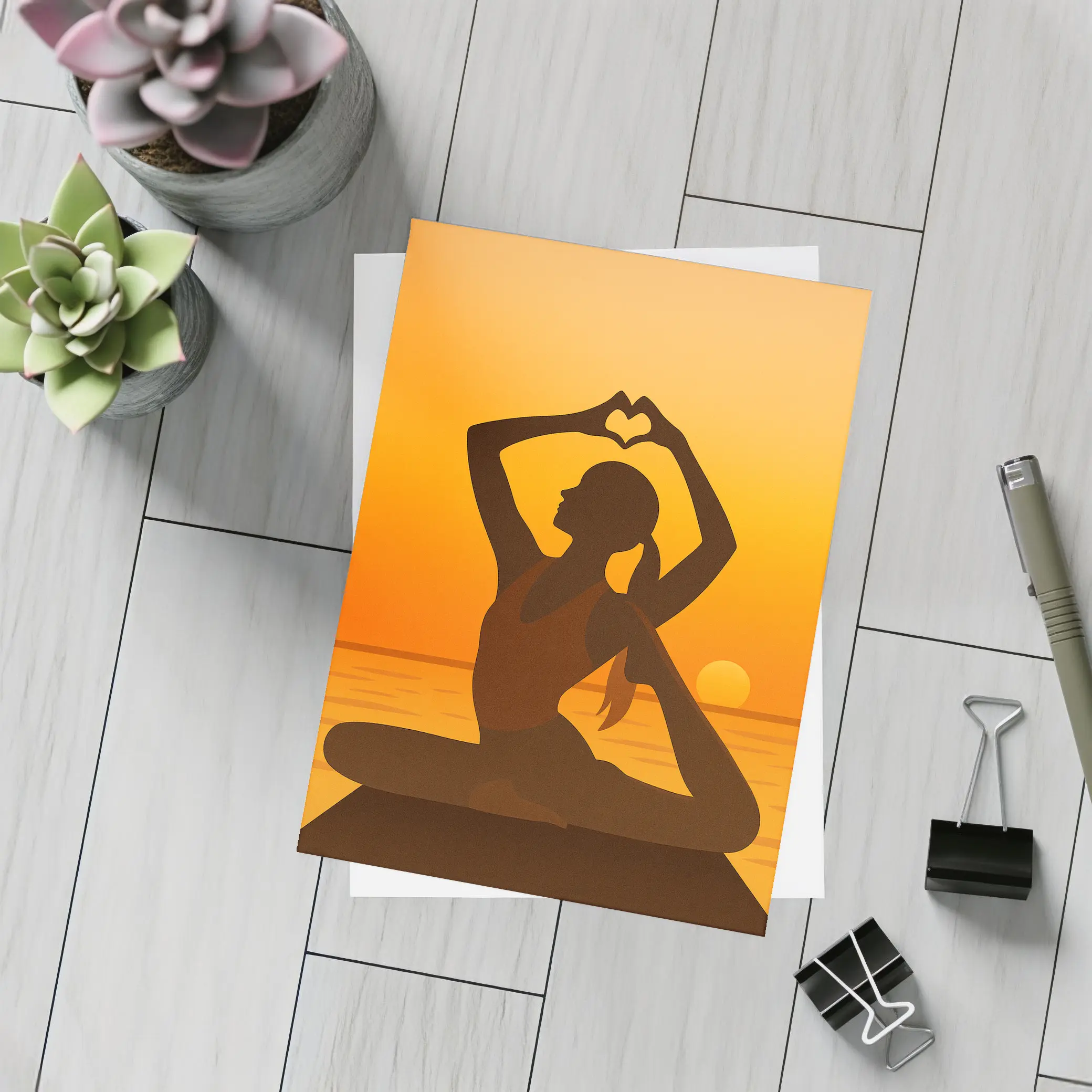 Yoga Silhouette Heart Hands Sunset Ocean – Postcards