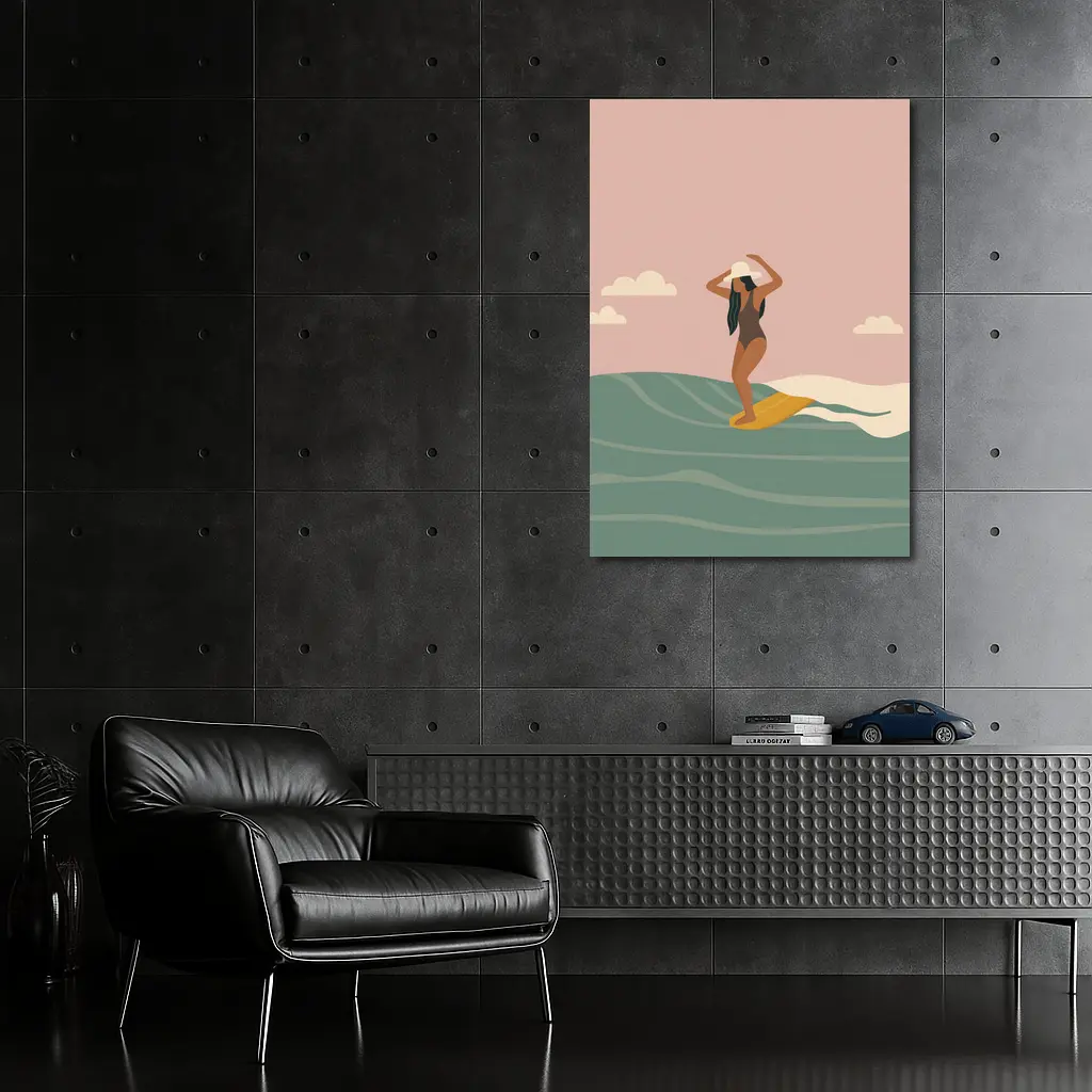 Woman Surfing Ocean Waves Flat Art – Wall Art