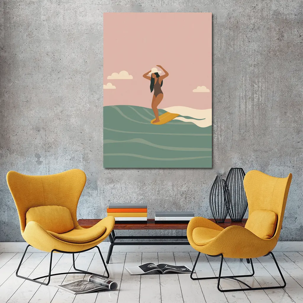 Woman Surfing Ocean Waves Flat Art – Wall Art