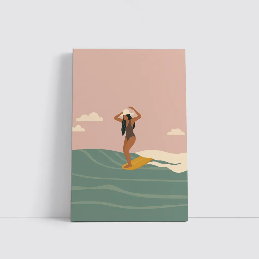 Woman Surfing Ocean Waves Flat Art – Wall Art