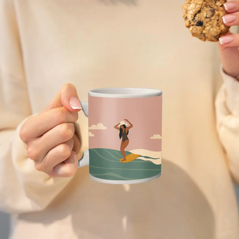 Woman Surfing Ocean Waves Flat Art – Mugs