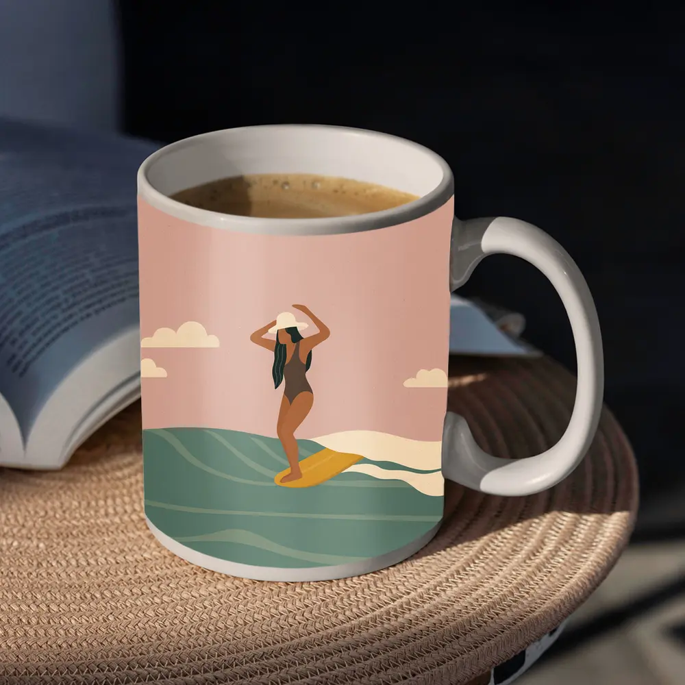 Woman Surfing Ocean Waves Flat Art – Mugs