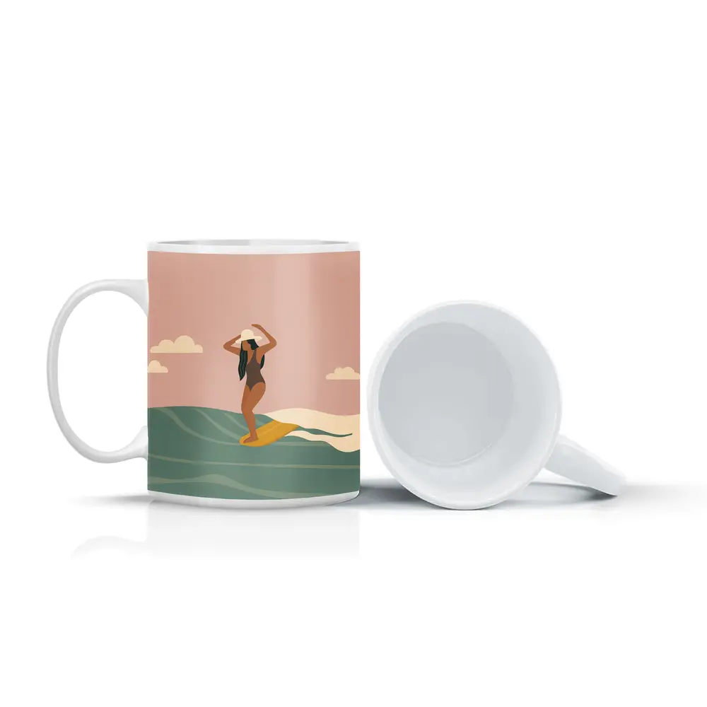 Woman Surfing Ocean Waves Flat Art – Mugs