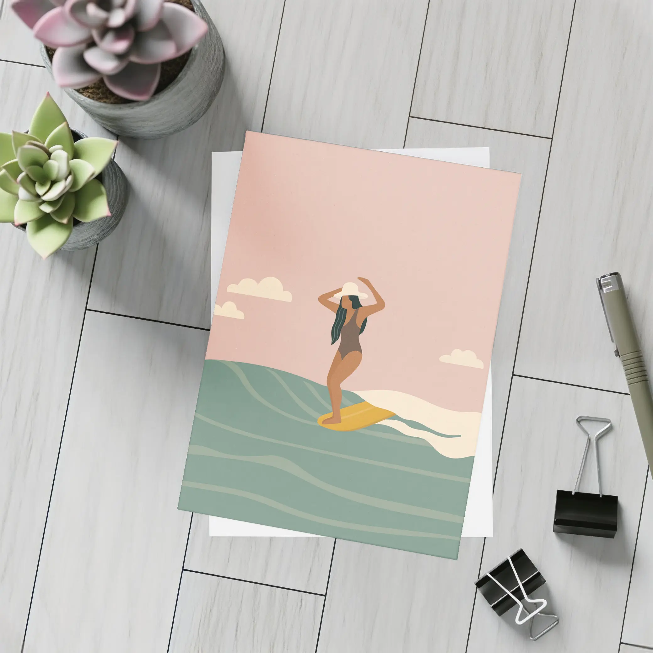 Woman Surfing Ocean Waves Flat Art – Postcards