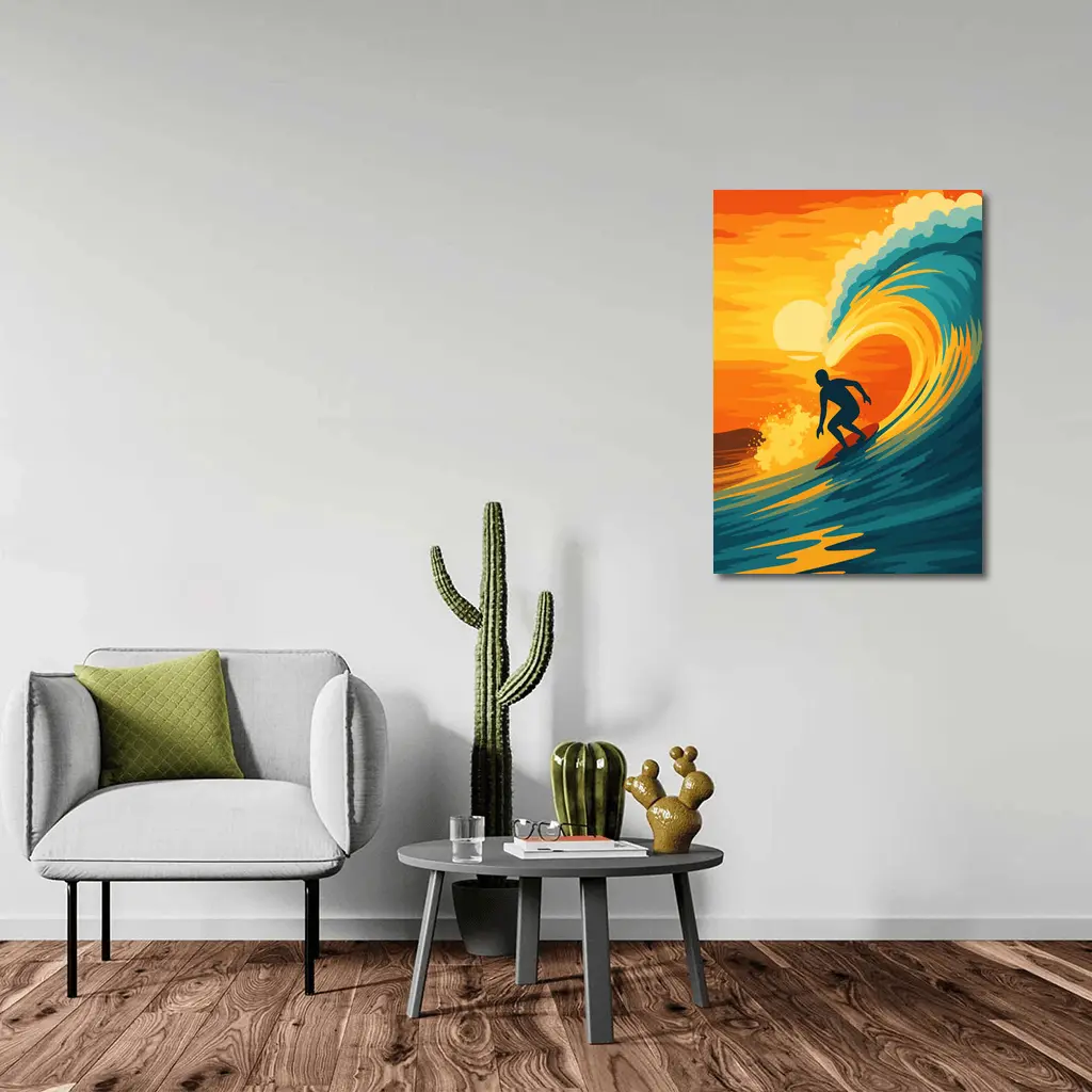 Surfer Riding Wave at Sunset Pop Art – Wall Art