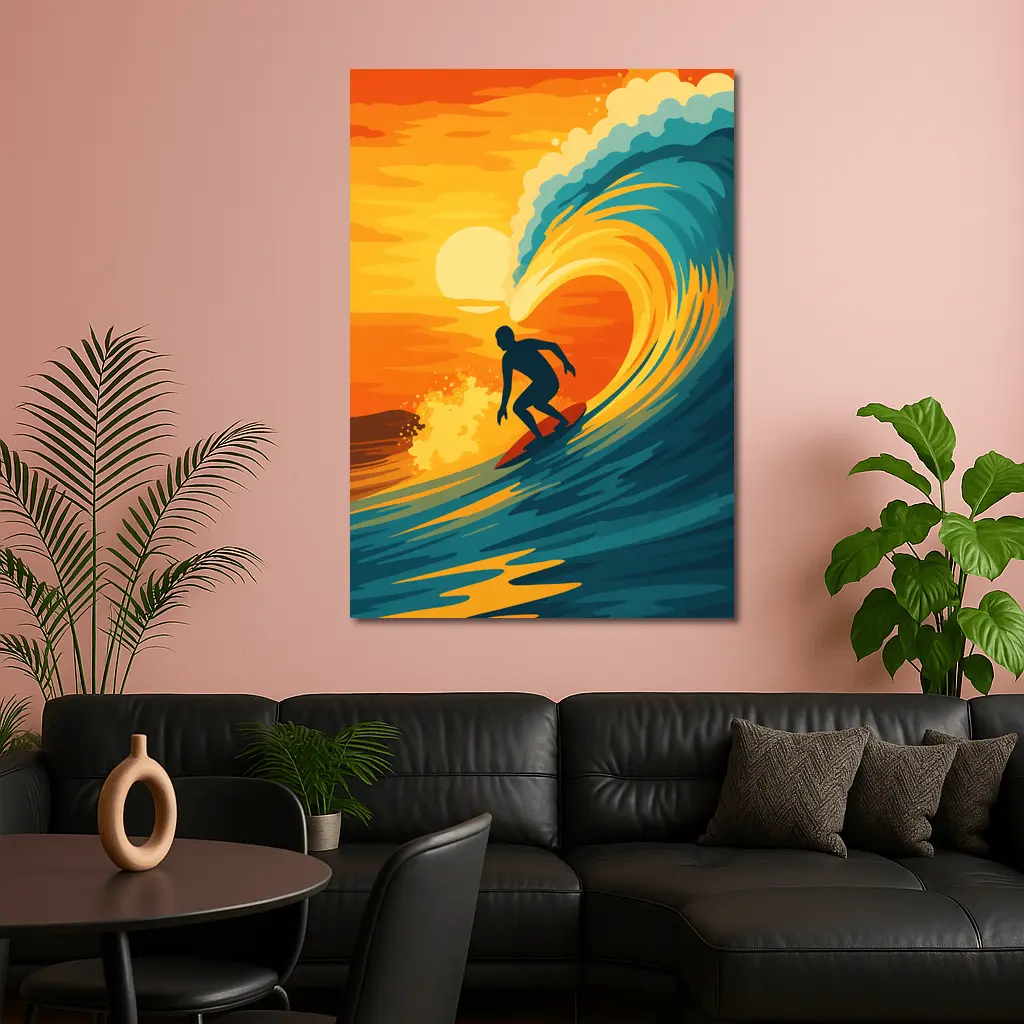 Surfer Riding Wave at Sunset Pop Art – Wall Art