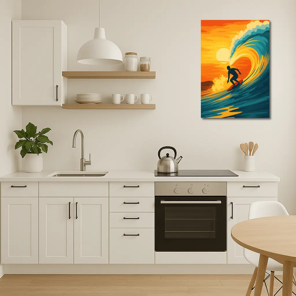Surfer Riding Wave at Sunset Pop Art – Wall Art