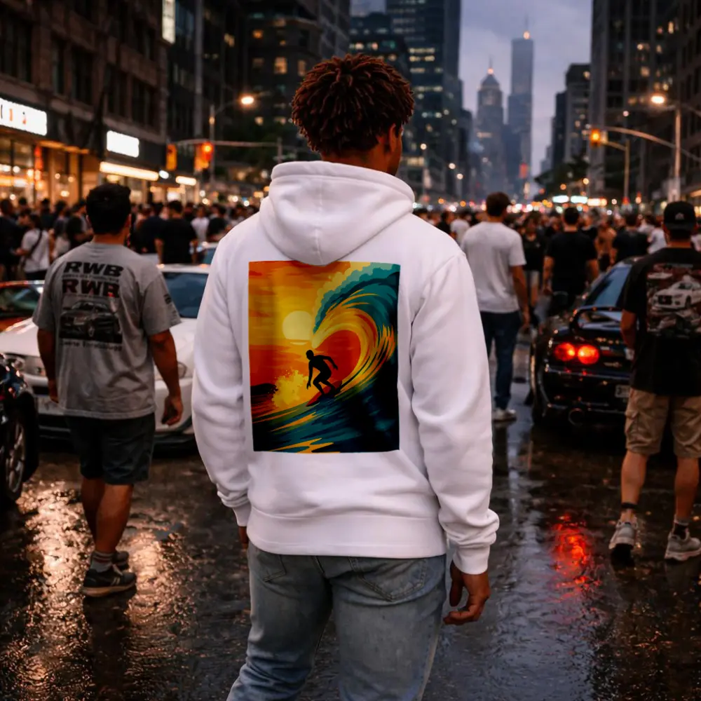 Surfer Riding Wave at Sunset Pop Art – Hoodies