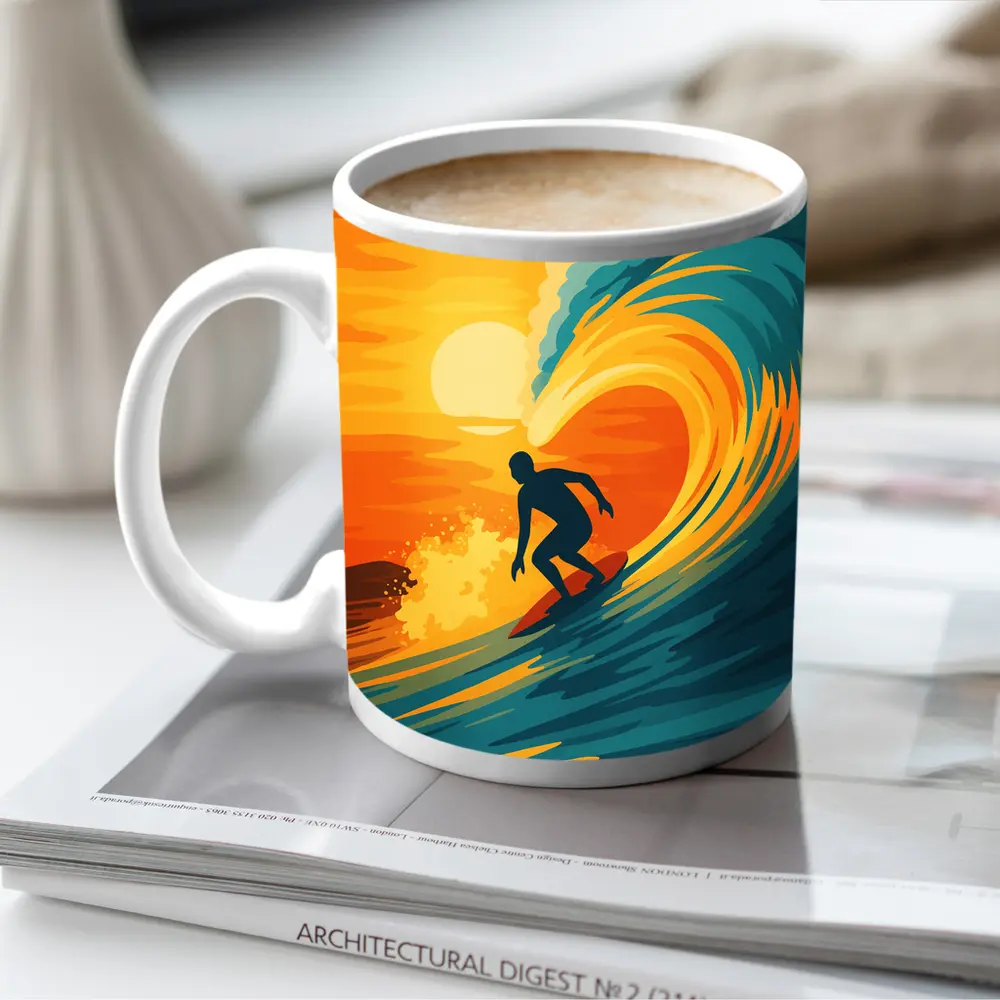 Surfer Riding Wave at Sunset Pop Art – Mugs