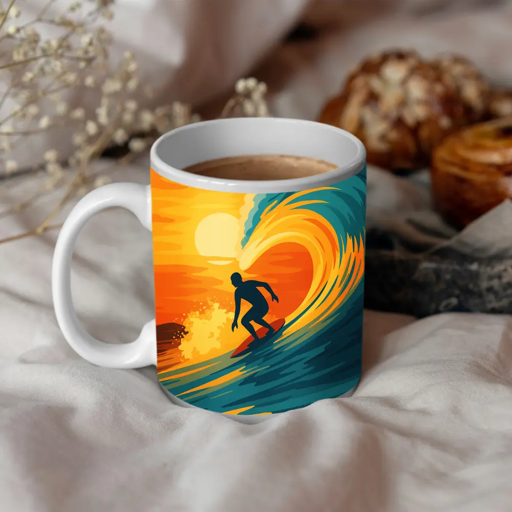Surfer Riding Wave at Sunset Pop Art – Mugs