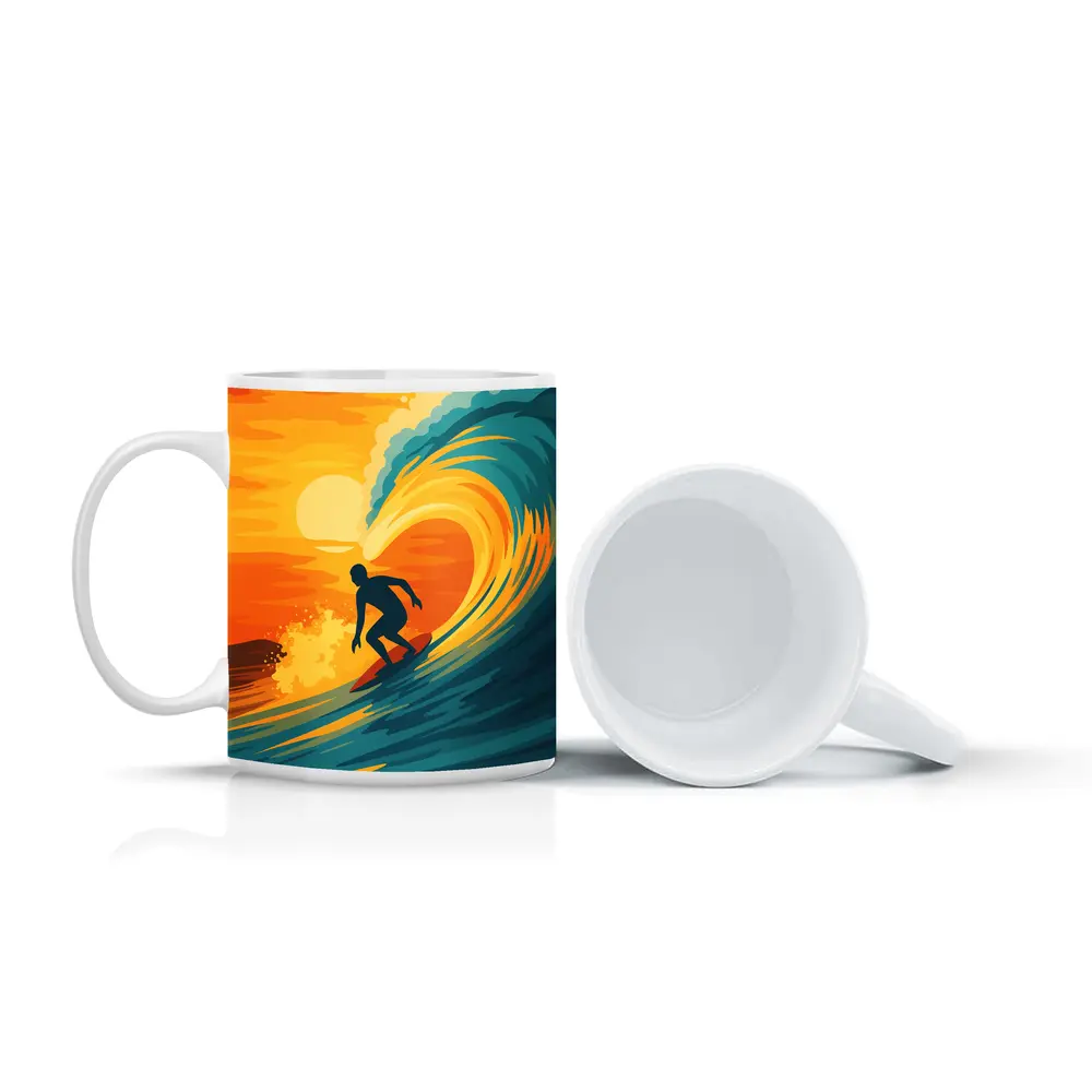 Surfer Riding Wave at Sunset Pop Art – Mugs