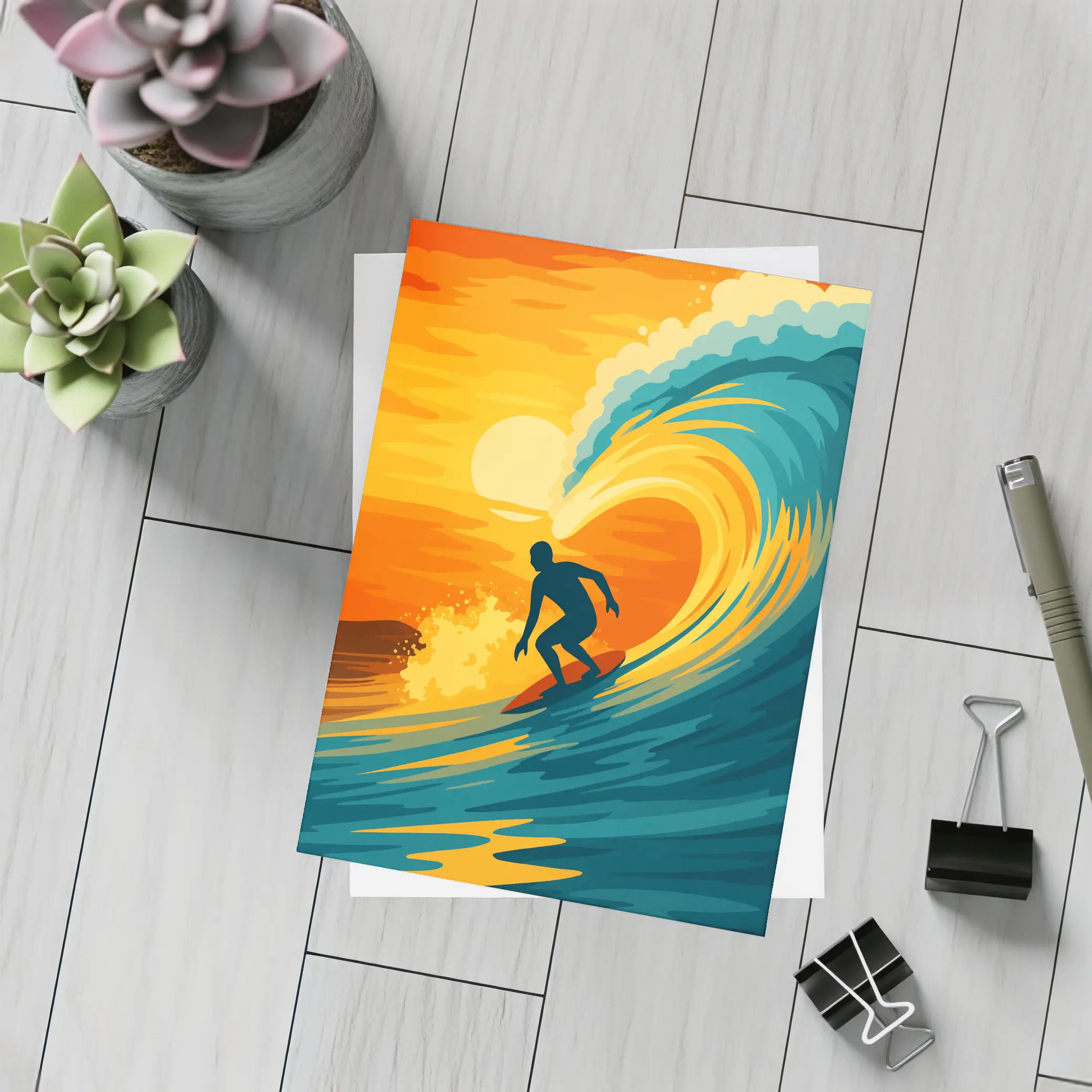 Surfer Riding Wave at Sunset Pop Art – Postcards