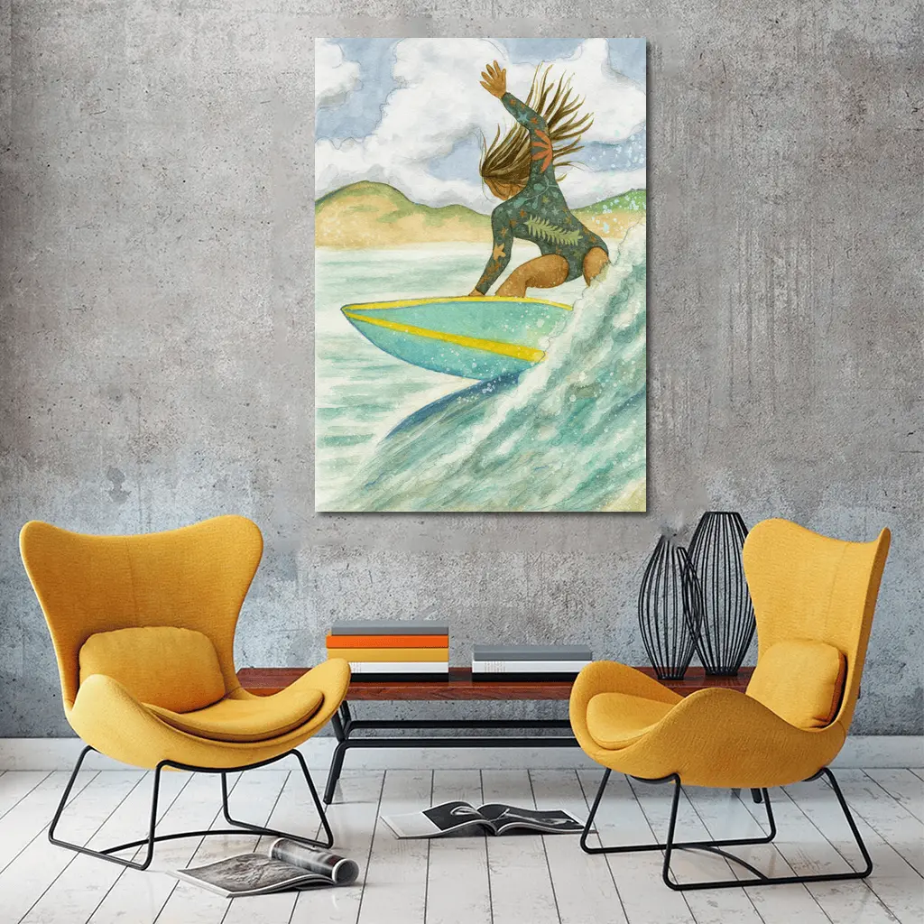 Watercolor Woman Surfing Wave Tropical Background – Wall Art