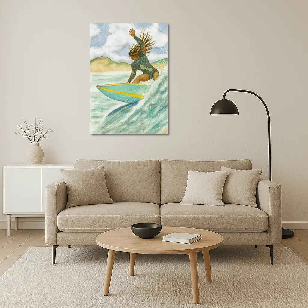 Watercolor Woman Surfing Wave Tropical Background – Wall Art
