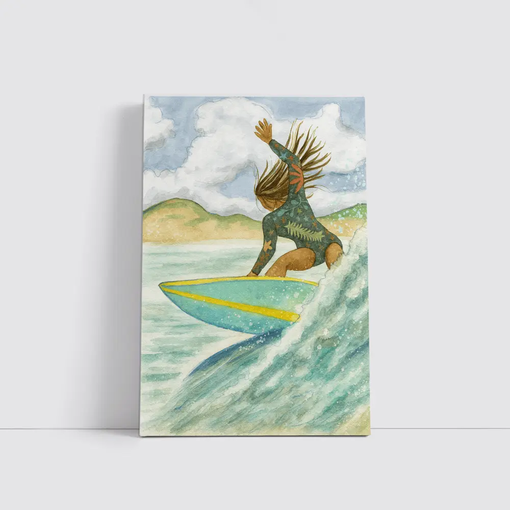 Watercolor Woman Surfing Wave Tropical Background – Wall Art