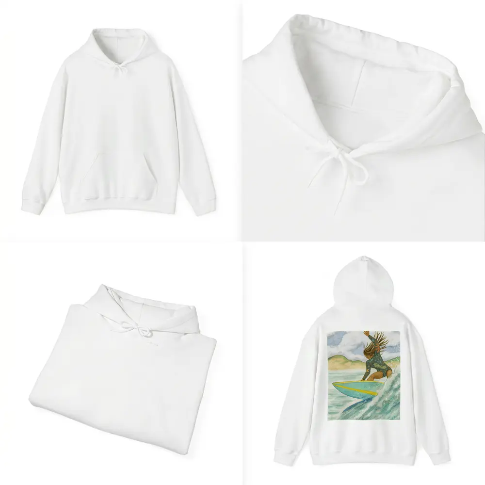 Watercolor Woman Surfing Wave Tropical Background – Hoodies