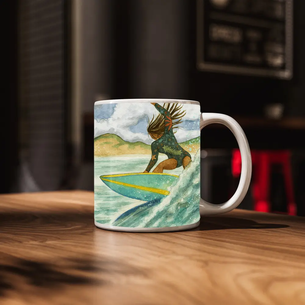 Watercolor Woman Surfing Wave Tropical Background – Mugs