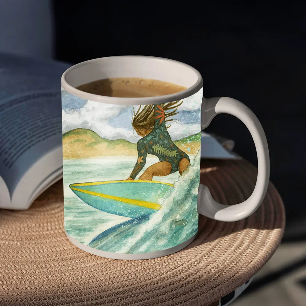 Watercolor Woman Surfing Wave Tropical Background – Mugs