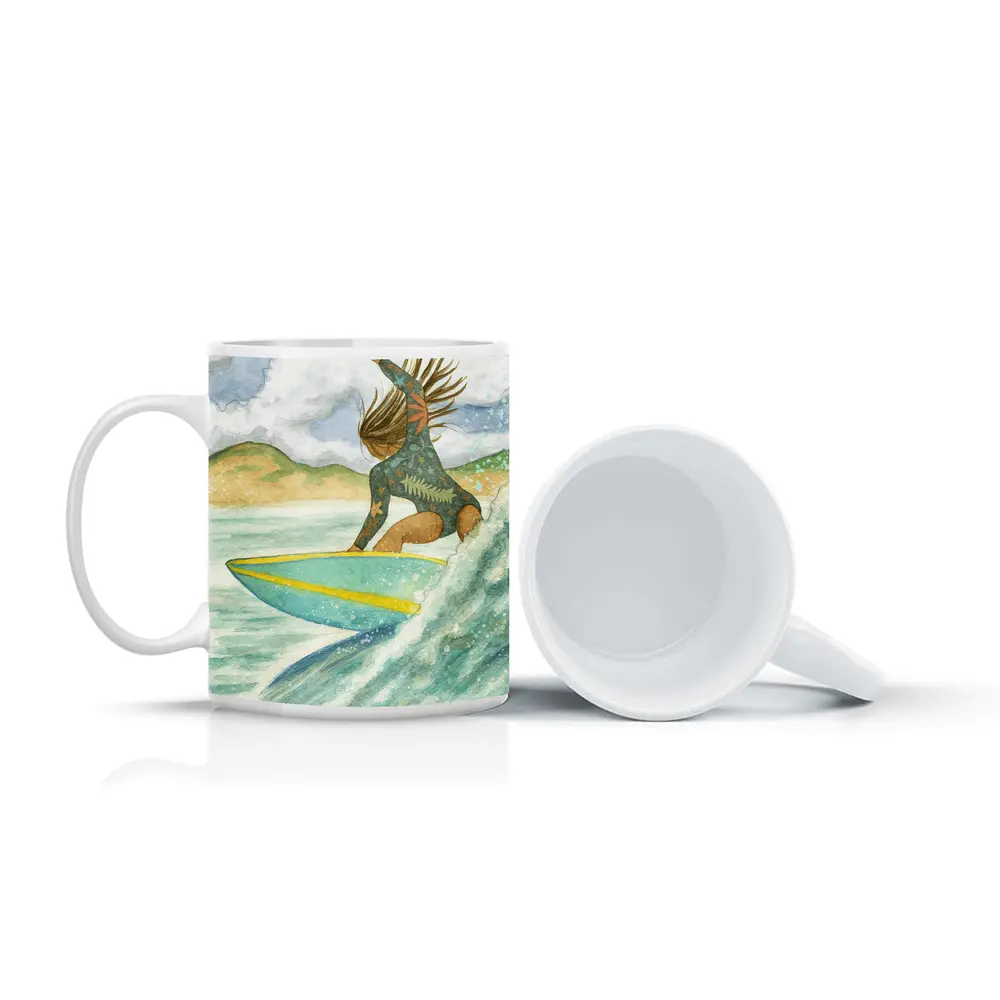 Watercolor Woman Surfing Wave Tropical Background – Mugs