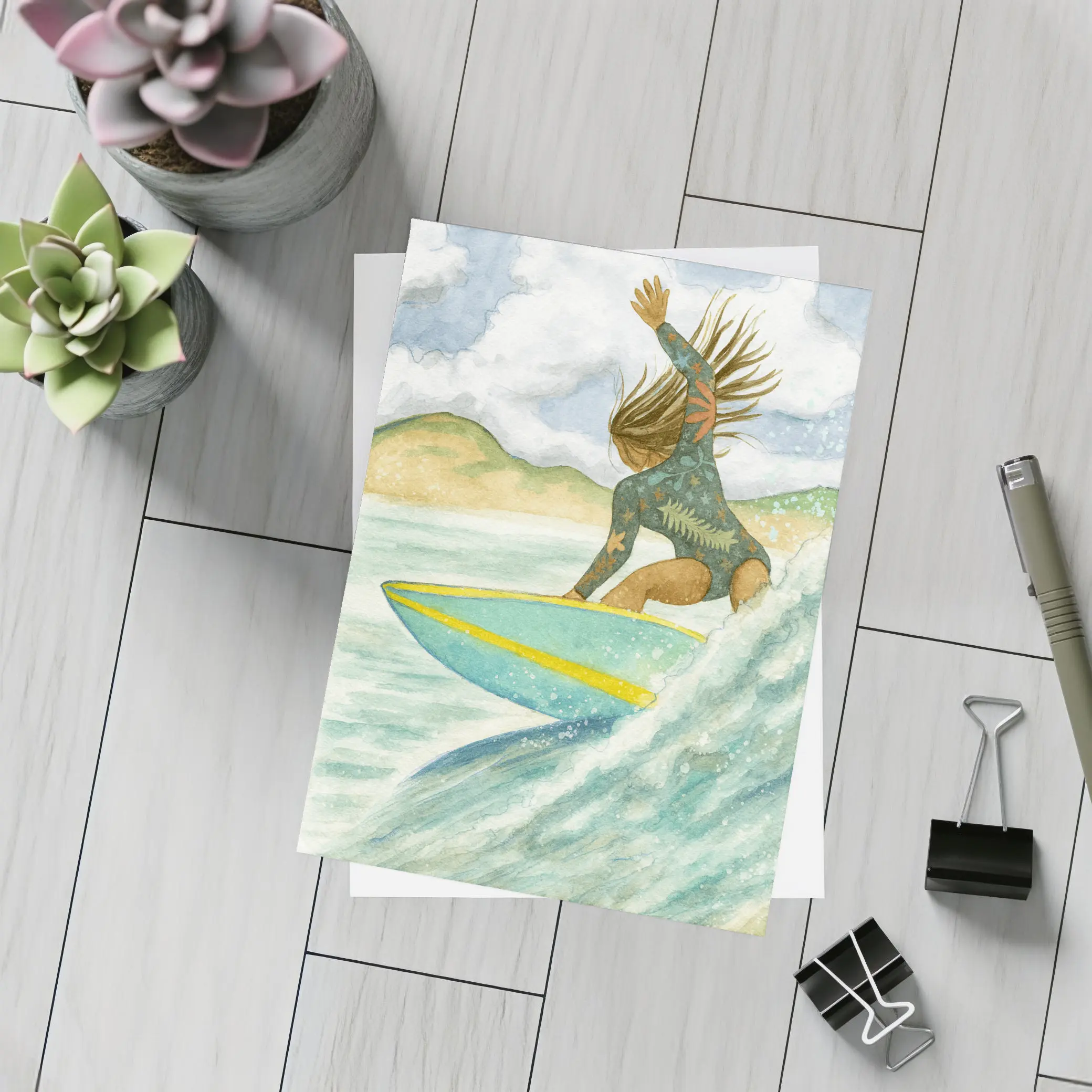 Watercolor Woman Surfing Wave Tropical Background – Postcards