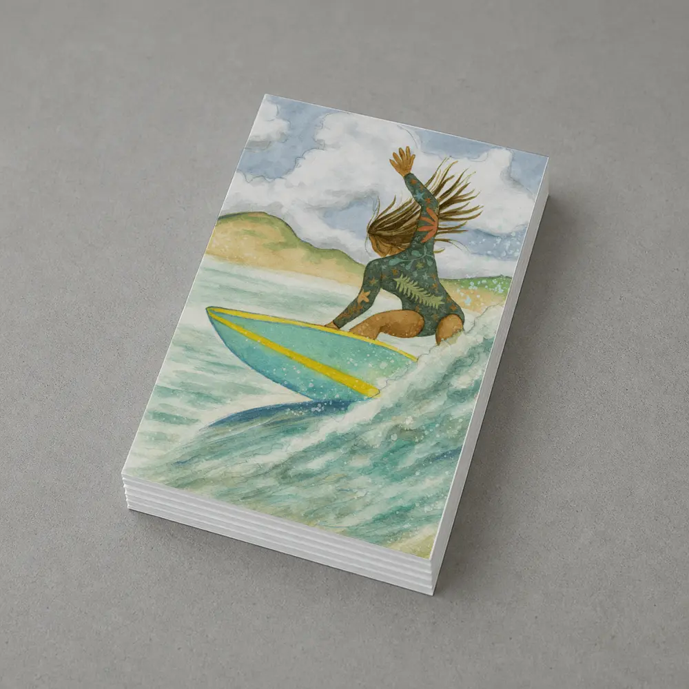 Watercolor Woman Surfing Wave Tropical Background – Postcards