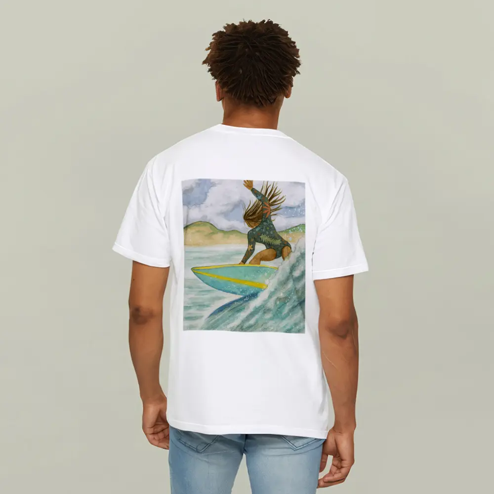 Watercolor Woman Surfing Wave Tropical Background – T-Shirts