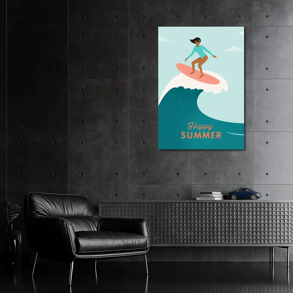 Happy Summer Surfer Girl Riding Ocean Wave – Wall Art