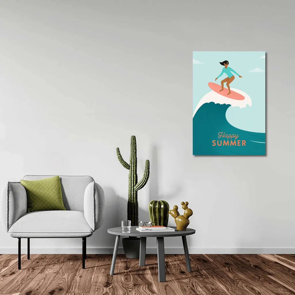 Happy Summer Surfer Girl Riding Ocean Wave – Wall Art
