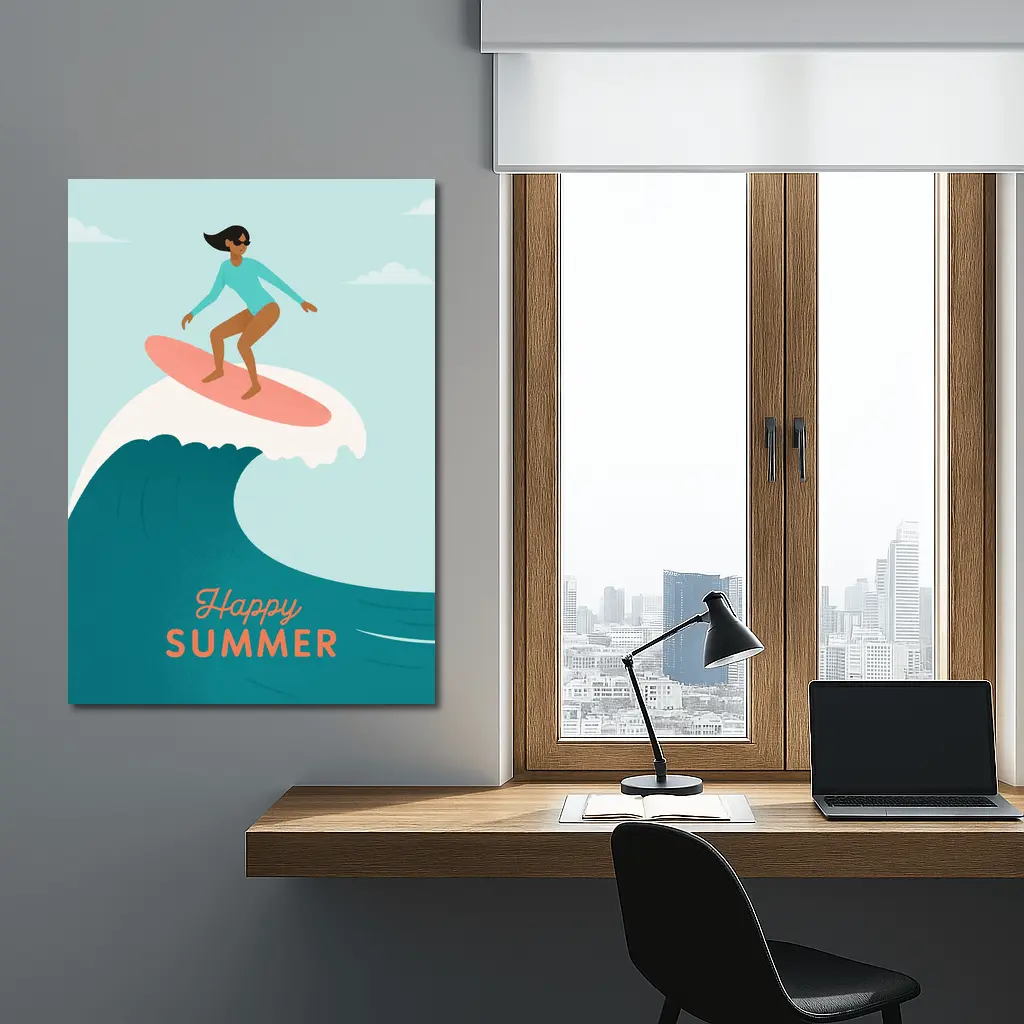 Happy Summer Surfer Girl Riding Ocean Wave – Wall Art