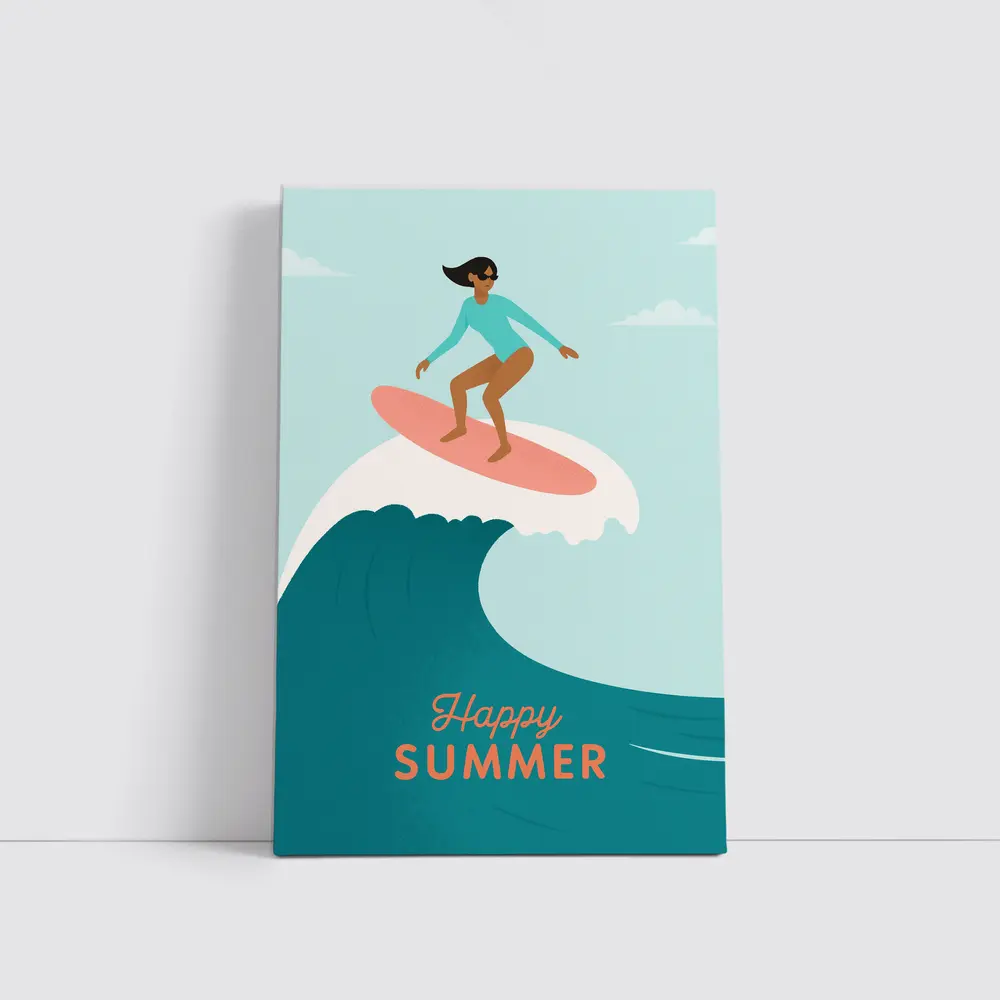Happy Summer Surfer Girl Riding Ocean Wave – Wall Art