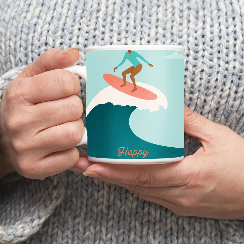 Happy Summer Surfer Girl Riding Ocean Wave – Mugs