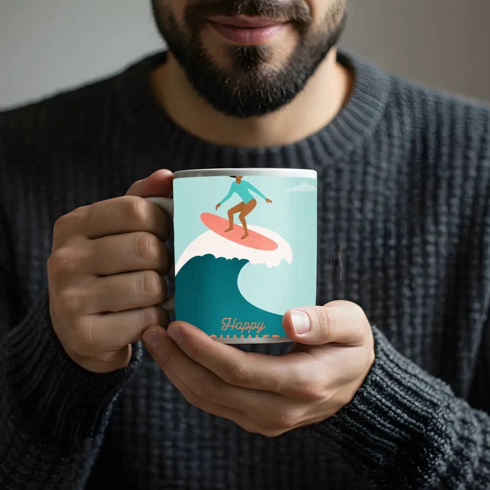 Happy Summer Surfer Girl Riding Ocean Wave – Mugs