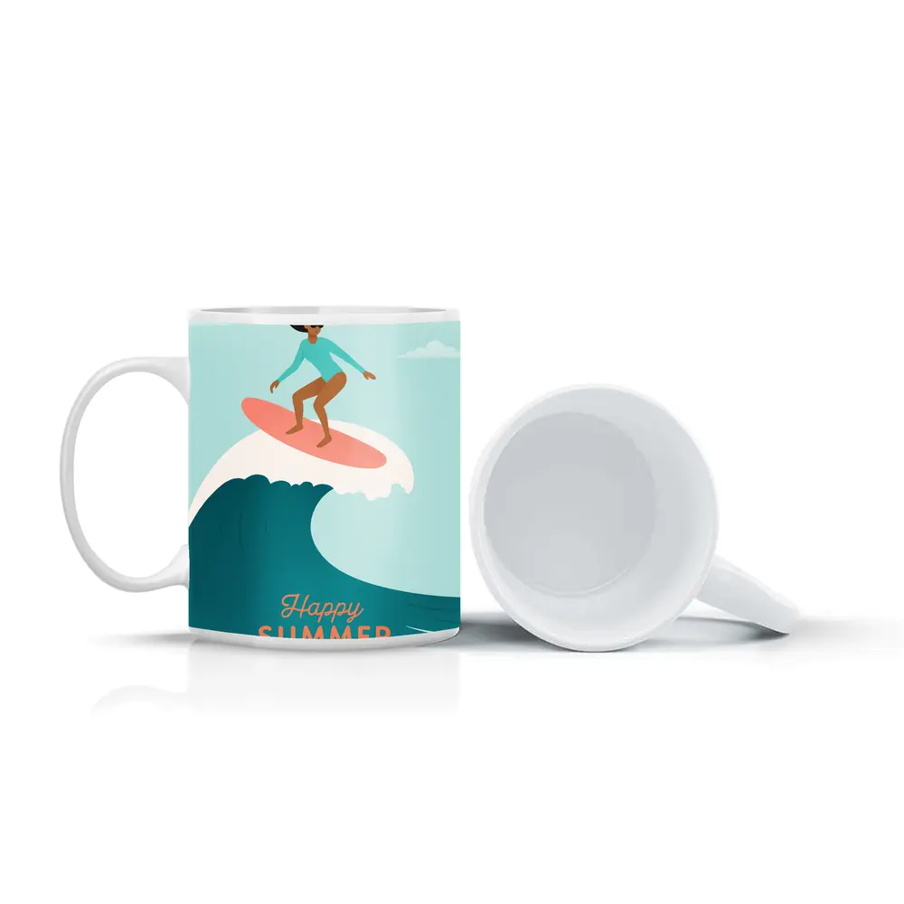 Happy Summer Surfer Girl Riding Ocean Wave – Mugs