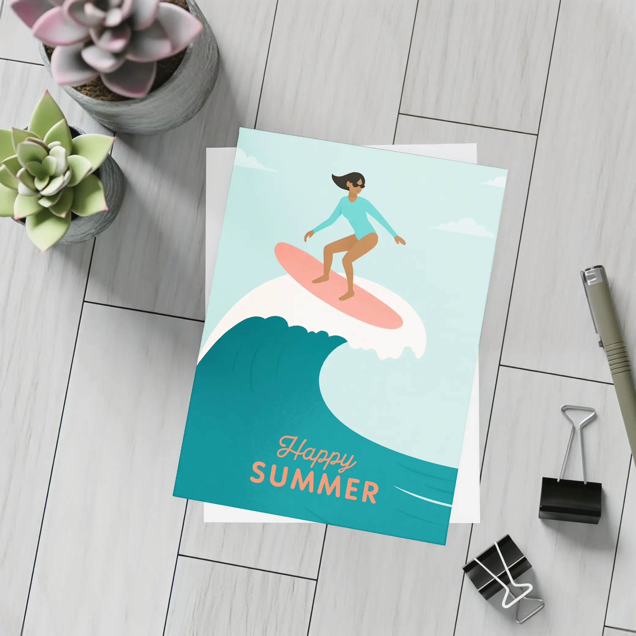 Happy Summer Surfer Girl Riding Ocean Wave – Postcards