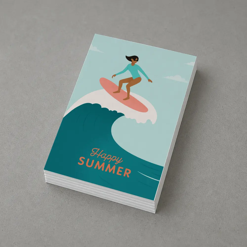 Happy Summer Surfer Girl Riding Ocean Wave – Postcards
