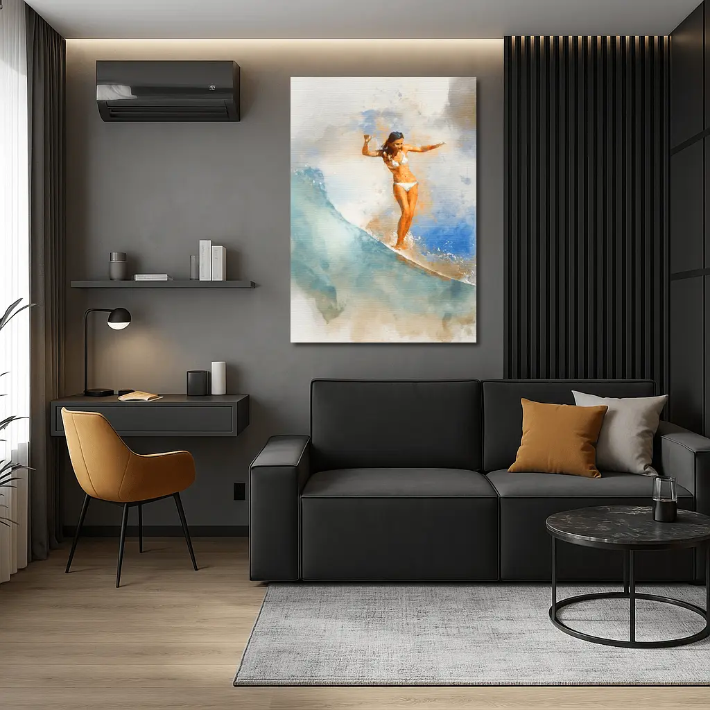 Watercolor Woman Surfing Blue Ocean Wave – Wall Art