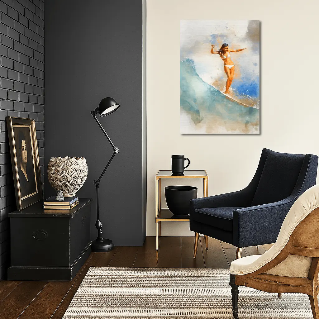 Watercolor Woman Surfing Blue Ocean Wave – Wall Art